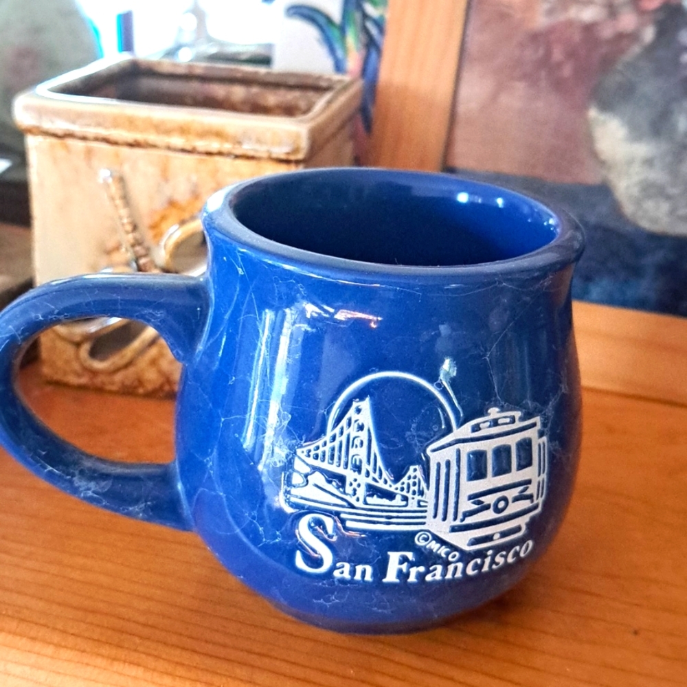 SAN FRANCISCO VTG POT BELLIED Marbled blue  8 oz Mug Blue and White